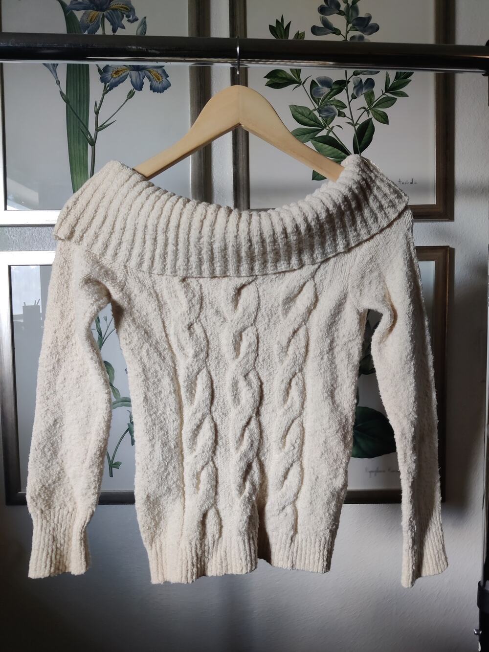 Free People Ivory Cream Cable Knit Off Shoulder Sweater Size S